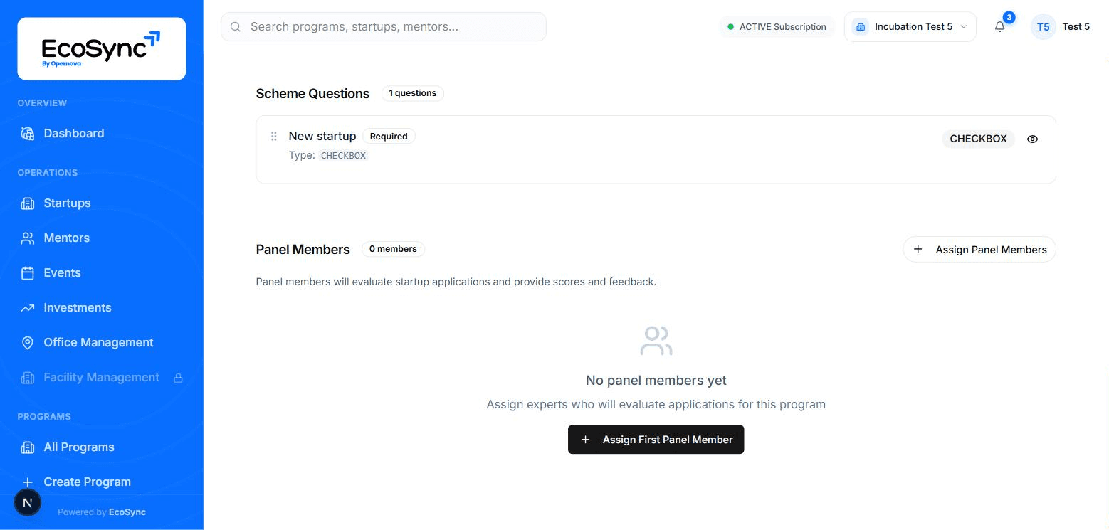 Panel members assigned to incubation programs in EcoSync