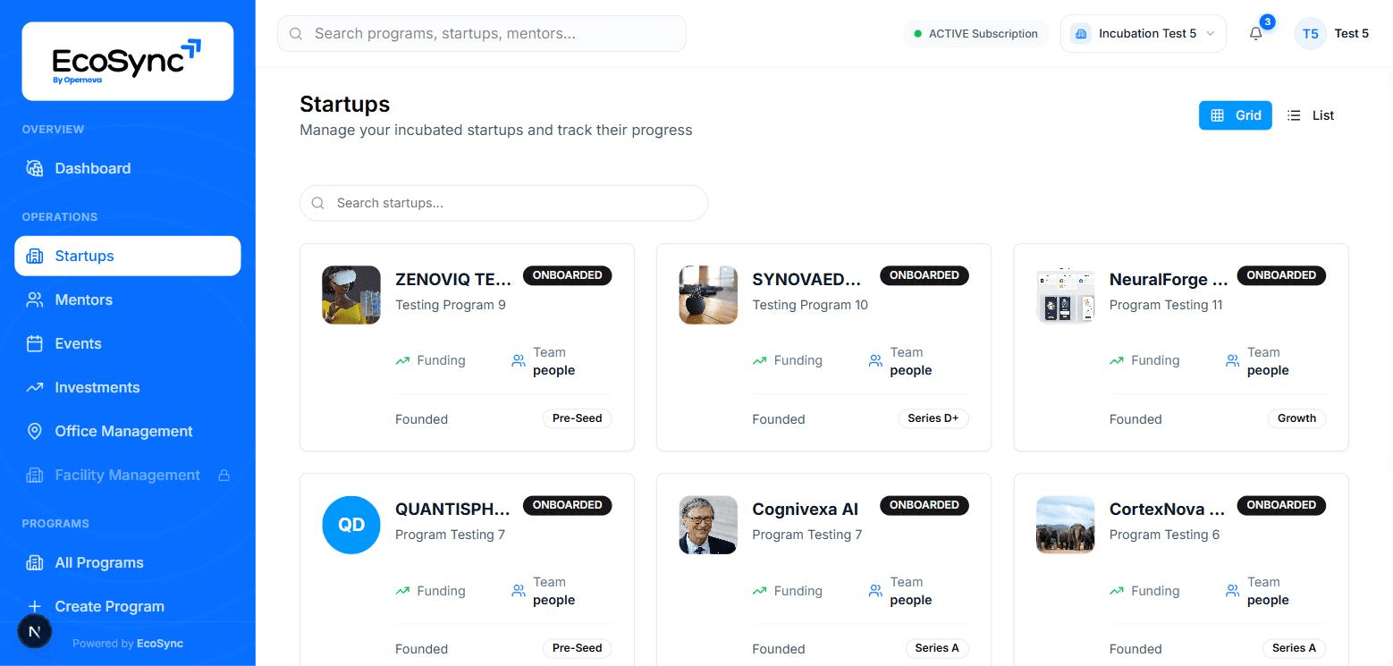 Startup directory in EcoSync showing incubated startups by stage and program